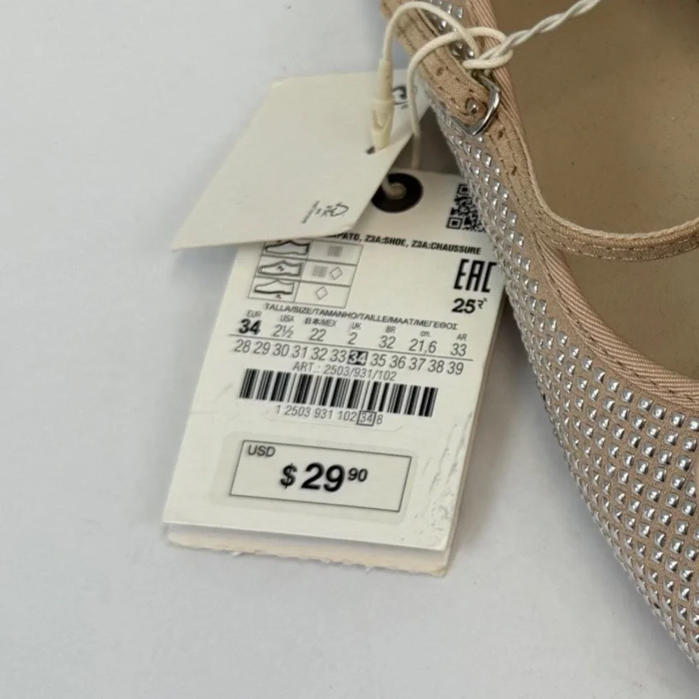 Zara Kids Rhinestone Ballet Flats Beige Silver Studded Mary Jane Shoes Size 2.5Y